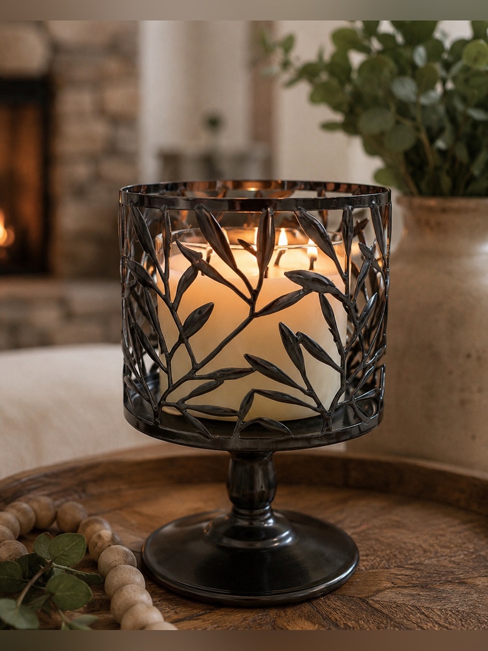 Bath & Body Works Vine Leaf Pedestal 3-Wick Candle Holder Black Metal
